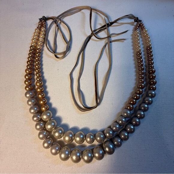 Gold Silver cream neutral double strand pearl Beaded Necklace adjustable - Picture 5 of 8